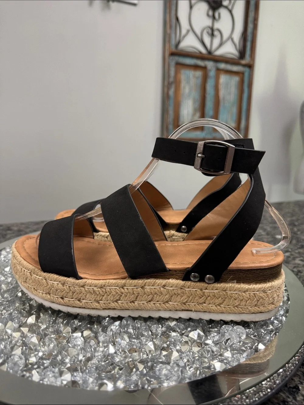 Black Platform Espadrille Sandals with Ankle Strap EUC 8.5